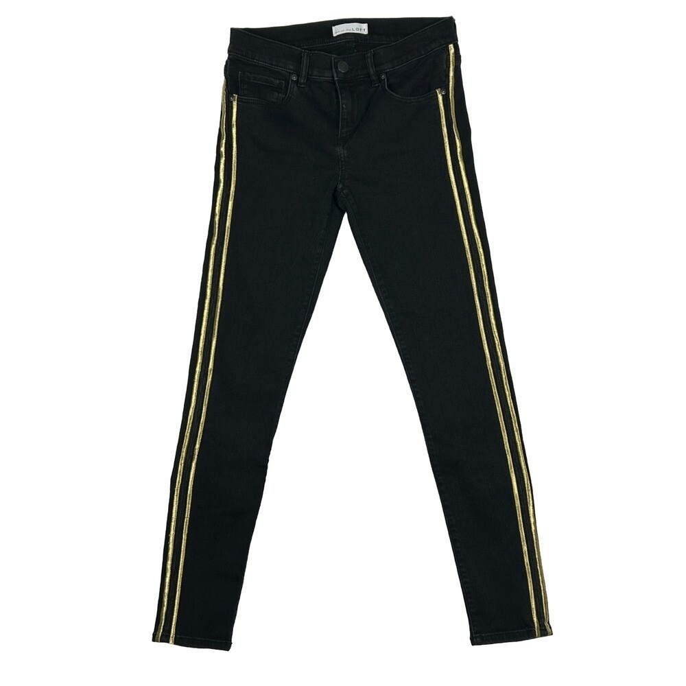 LOFT Modern Skinny Jeans Womens 25 Fits 27 Black Gold Side Stripe
